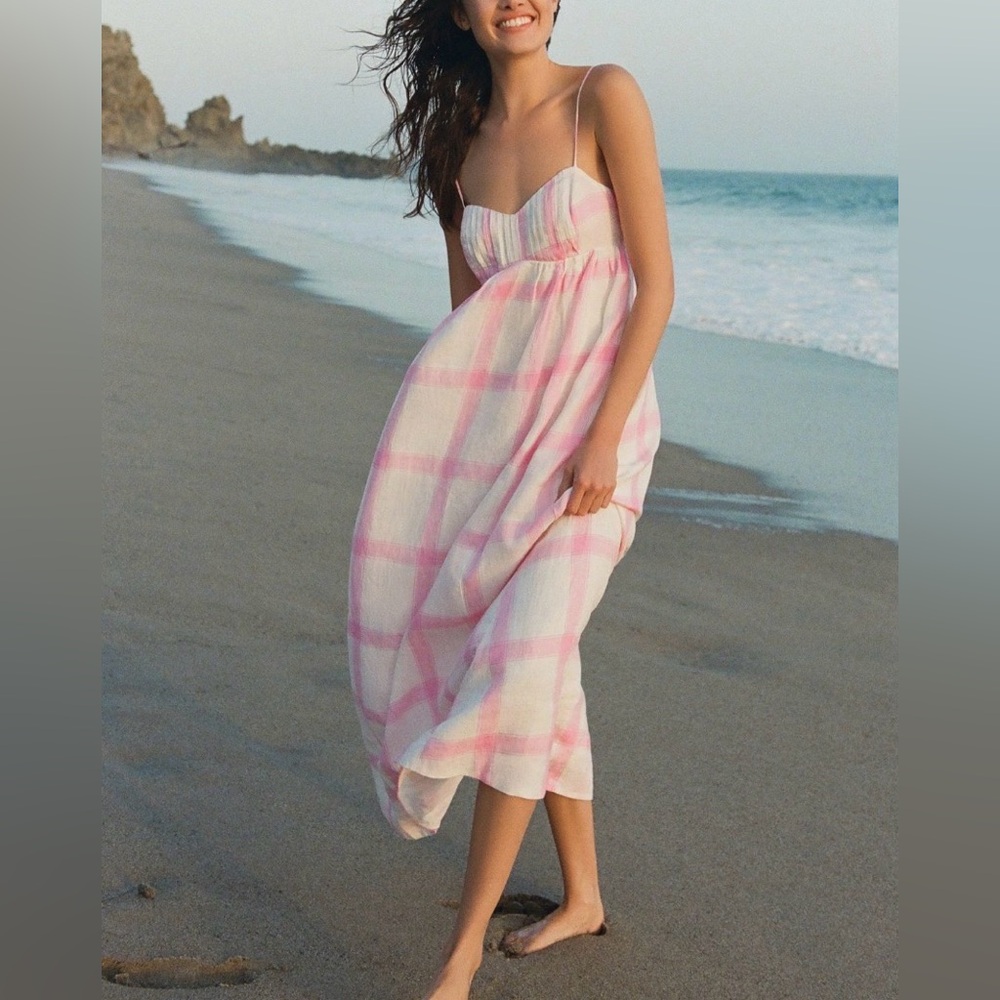 Anthropologie Maeve Pink & White Drawstring Sundress